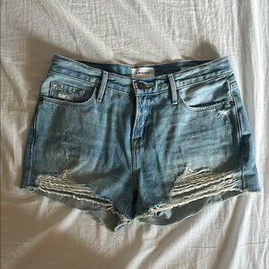 Frame Denim Blue Jean Shorts with Distressed Hem